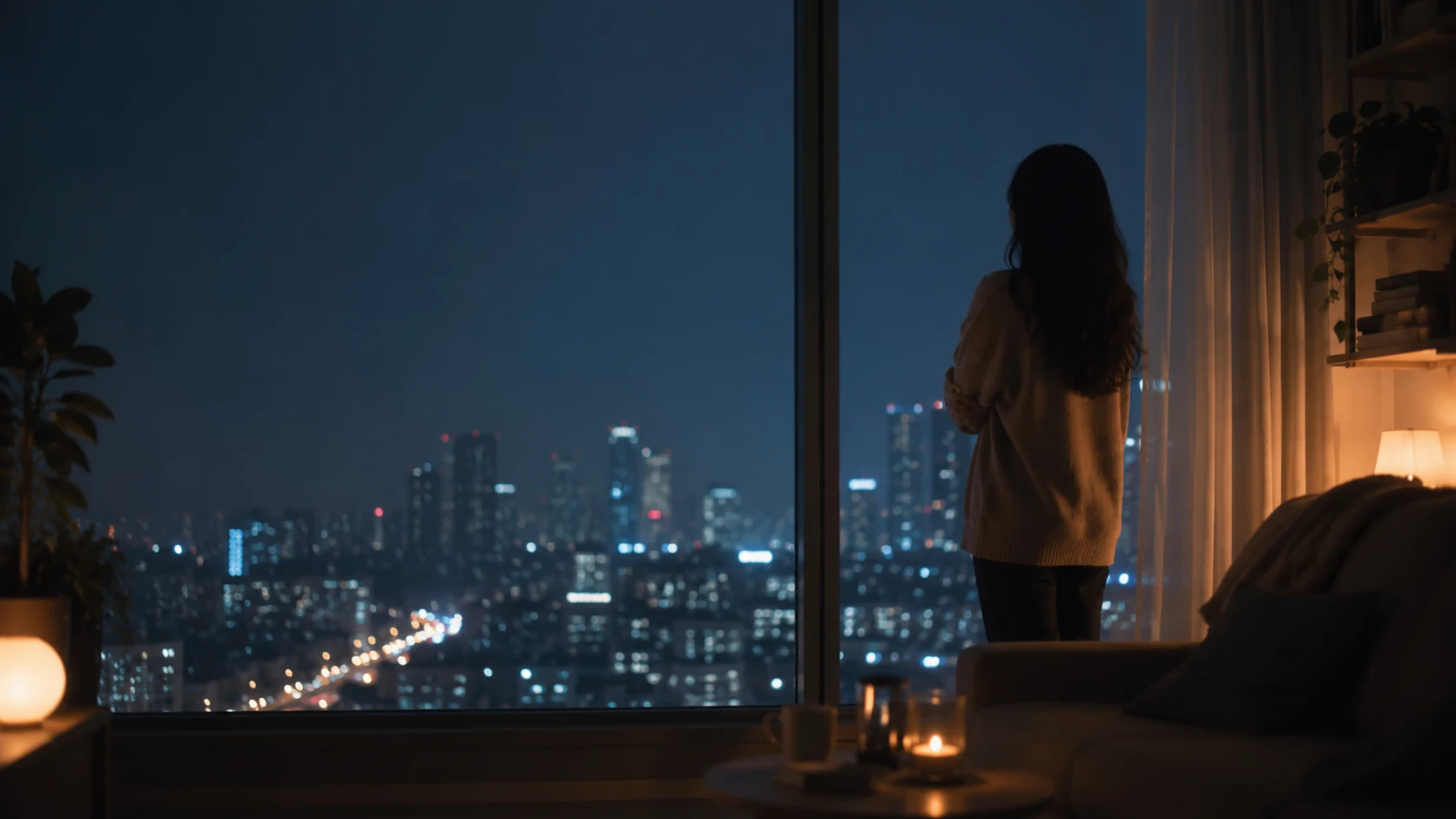 woman by city window at night